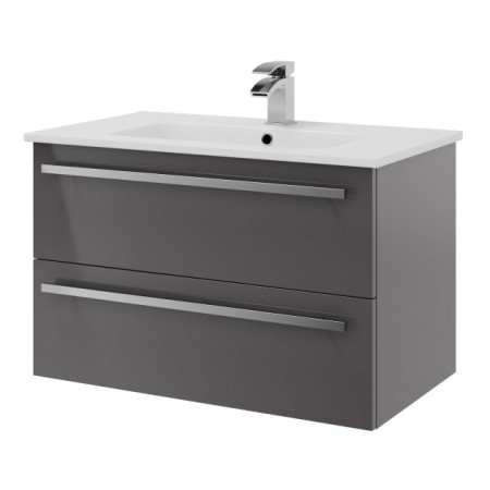 2 Drawer Wall hung Vanity Unit with Ceramic basin Storm Grey Gloss 800mm